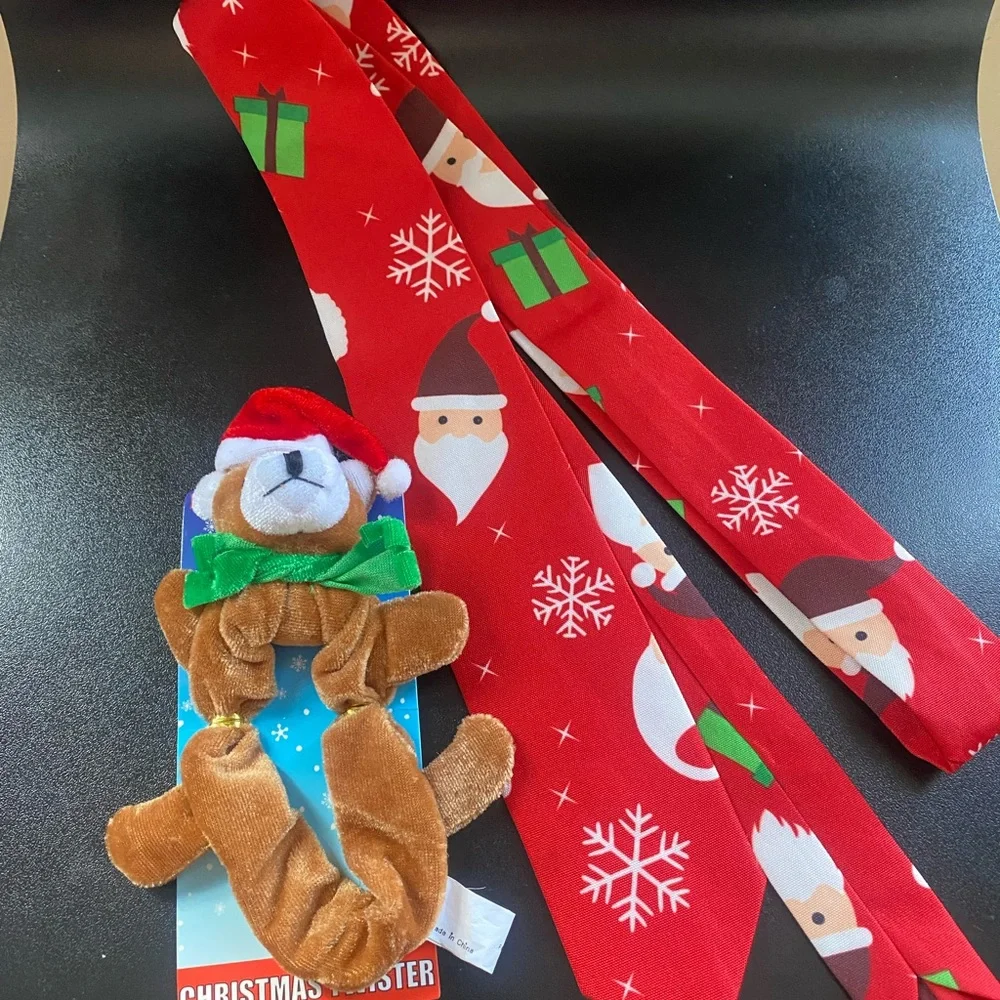 Festive Red Santa Tie and Bear Kids Scrunchie